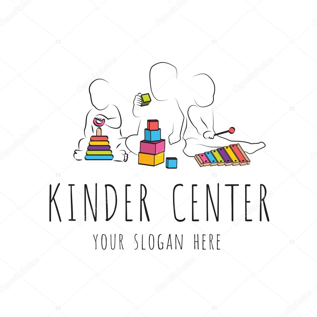 logo for child care centerand kindergarten. child development and educational games . kids intellectual growth and silhouettes of playing kids