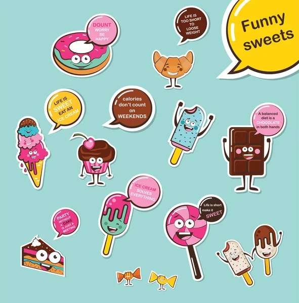 Set of funny sweets. Cartoon face food emoji. Funny food concept. — Stock Vector