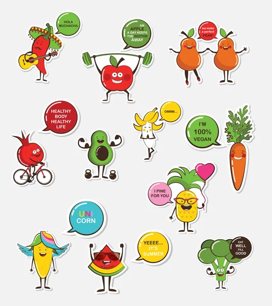 Set of funny fruit and vegetable icons. Cartoon face food emoji. Funny food concept. — Stock Vector