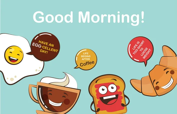 Zestaw ikon jedzenie śmieszne śniadanie. Kreskówka twarz żywności emoji. Zabawny żywności koncepcji. — Wektor stockowy