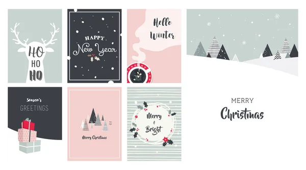 Neşeli Noel kartları, Resimler ve simgeler, tasarım koleksiyonu yazı — Stok Vektör