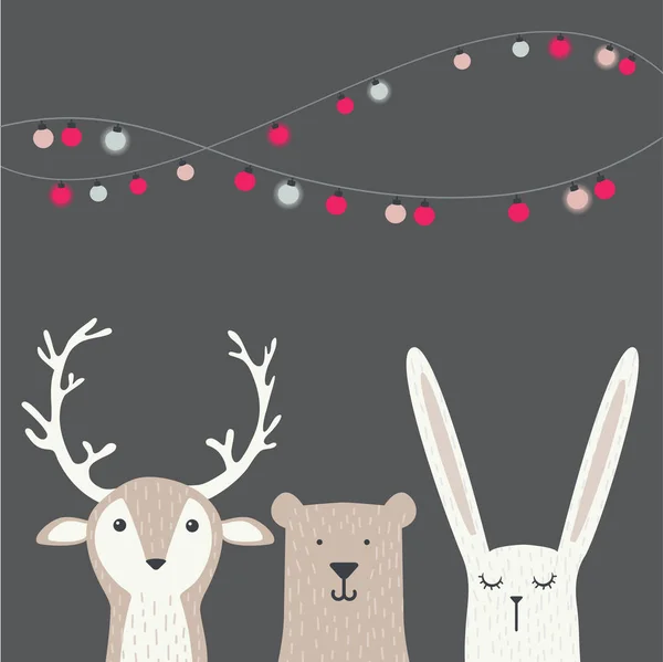 Pancarta con lindos animales de invierno con regalos y bufandas. Feliz Navidad y feliz año nuevo — Archivo Imágenes Vectoriales