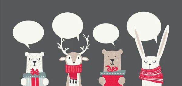 Banner z Ładna zima zwierzęta z prezentami i szaliki. Wesołych Świąt i szczęśliwego nowego roku — Wektor stockowy