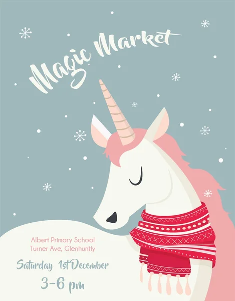 Magical unicorn at winter scine. merry christmas and happy new year — Stock Vector