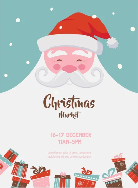 Cartaz do mercado de Natal com o Pai Natal e presentes. Ilustração vetorial — Vetor de Stock