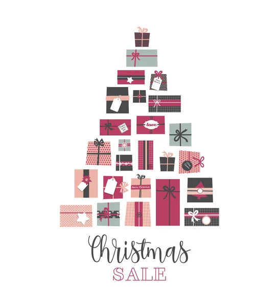 Χριστούγεννα πώληση. σωρός από παρουσιάζει τακτοποιημένα ως μια αφηρημένη χριστουγεννιάτικο δέντρο. Εικονογράφηση διάνυσμα — Διανυσματικό Αρχείο