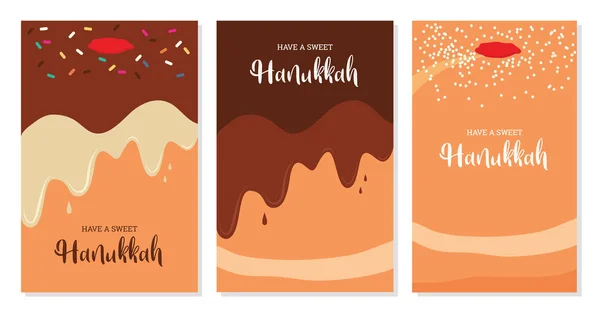 Tres tarjetas de felicitación para la fiesta judía Hanukkah. rosquilla tradicional — Archivo Imágenes Vectoriales