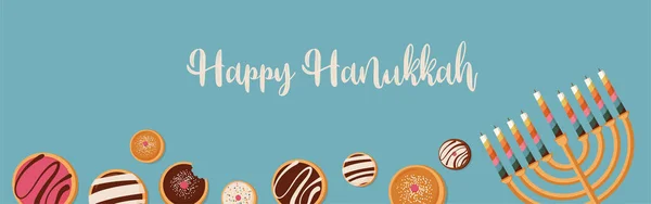 Striscione per festa ebraica. Hanukkah ciambelle tradizionali e menora — Foto Stock
