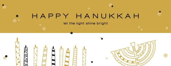 Hanukkah saudação banner, símbolos de férias judaicas. dourado hanukkah menora e velas — Vetor de Stock