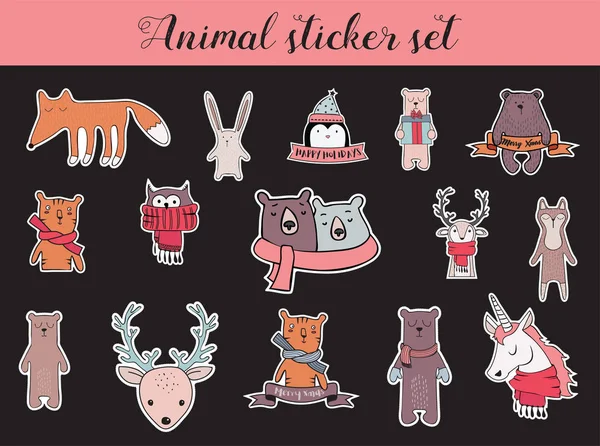 Colorful christmas and winter animal sticker set — Stock Vector