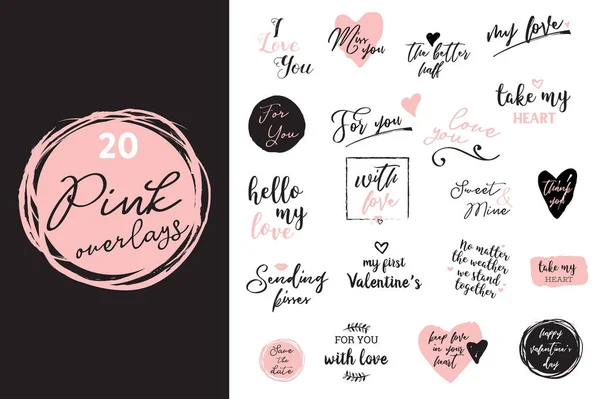 Set aus schwarzen, weißen und rosafarbenen Liebesbuchstaben, für Valentinstag-Designposter, Grußkarte, Fotoalbum, Banner, Kalligraphie-Vektorillustrationen-Sammlung — Stockvektor