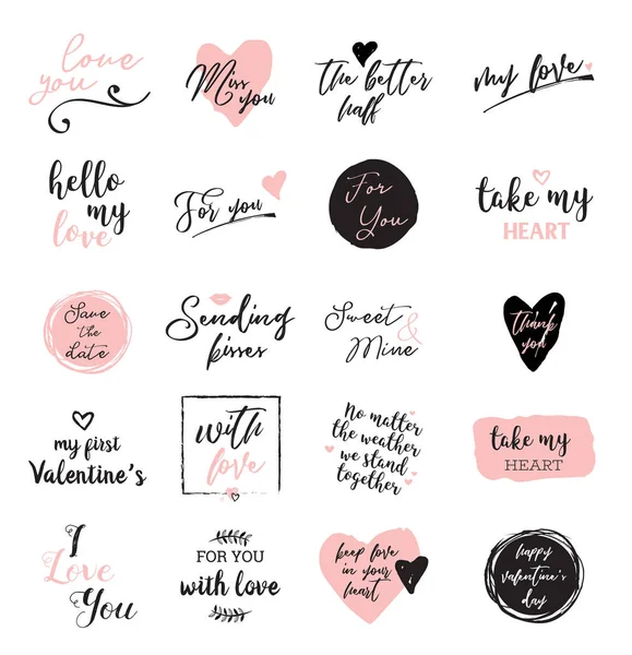 Set van zwart, wit en roze liefde belettering, voor Valentijnsdag ontwerp poster, wenskaart, fotoalbum, banner, kalligrafie vector illustratie collectie — Stockvector