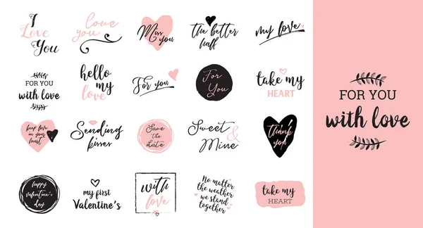 Set di lettere d'amore in bianco, nero e rosa, per poster di design di San Valentino, biglietto di auguri, album fotografico, banner, collezione di illustrazioni vettoriali calligrafia — Vettoriale Stock