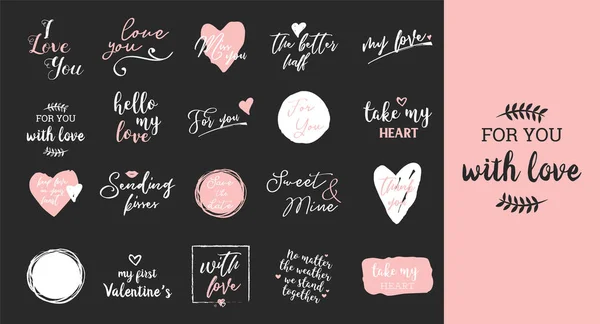 Set of black, white and pink love lettering, for valentines day design poster, greeting card, photo album, banner, calligraphy vector illustration collection — Stock Vector