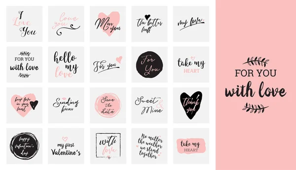 Set of black, white and pink love lettering, for valentines day design poster, greeting card, photo album, banner, calligraphy vector illustration collection — Stock Vector