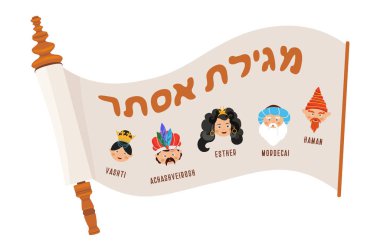 Purim hikayesi. Purim unun ester İbranice. Purim hikayesi. geleneksel karakterler ile. Banner şablon çizimi