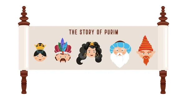 La historia de Purim con personajes tradicionales. Pergamino judío aciente. ilustración de plantilla de banner — Vector de stock
