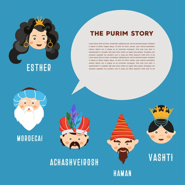 Glad Purim. historien om Purim med traditionella tecken. Judiska högtiden. vektorillustration — Stock vektor