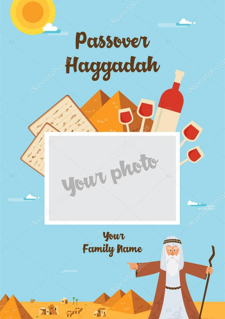 Passover Haggadah design template. The story of Jews exodus from Egypt. traditional icons and desert Egypt scene. passover haggadah in Hebrew