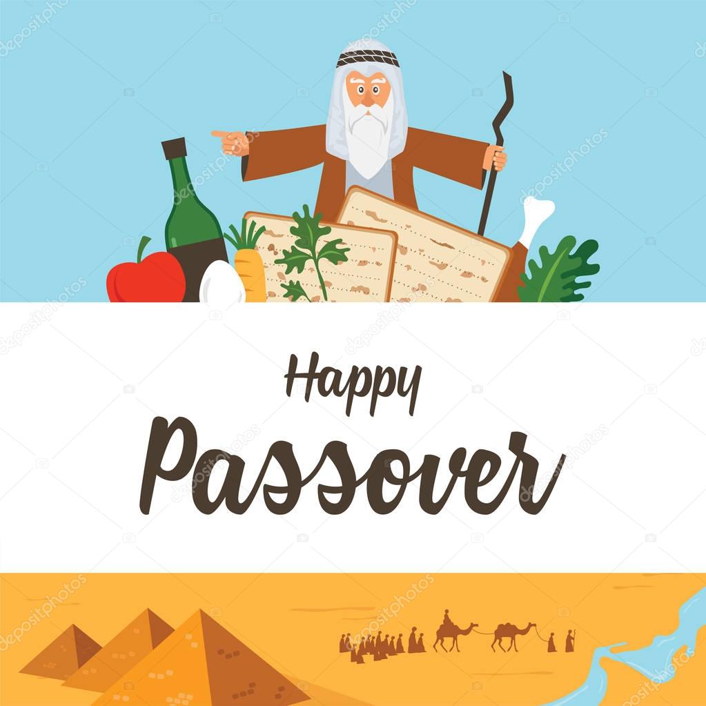 Passover Haggadah design template. The story of Jews exodus from Egypt. traditional icons and desert Egypt scene.