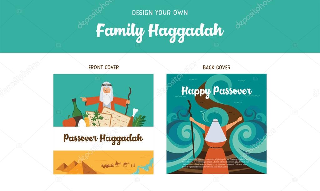 Passover Haggadah design template- haggadah book covers. The story of Jews exodus from Egypt. traditional icons and desert Egypt scene. Make your family haggadah and place your photo