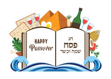 geleneksel yiyecek ve tatil simgelerinin üzerinde Fısıh hikaye haggadah kitabı soyut
