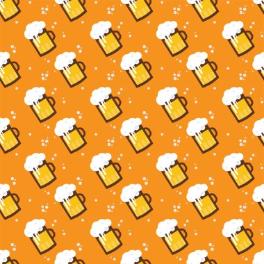 Sorunsuz bira desen. Bira bardağı ve turuncu bir arka plan üzerinde gözlük. St patricks ve octoberfest illüstrasyon. Vektör çizim