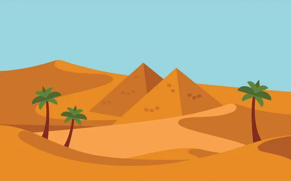 Grupo de personas con caravana de camellos montando en las arenas del desierto amplio realista en Oriente Medio . — Vector de stock