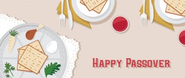 Passover akşam yemeği Fısıh plaka ile geleneksel Fısıh masa. vektör çizim şablon banner tasarımı