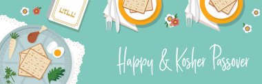 Passover akşam yemeği Fısıh plaka ile geleneksel Fısıh masa. vektör çizim şablon banner tasarımı