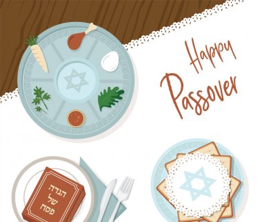 Passover akşam yemeği Fısıh plaka ve Hagaddah hikaye geleneksel Fısıh masa. vektör çizim şablonu tasarım