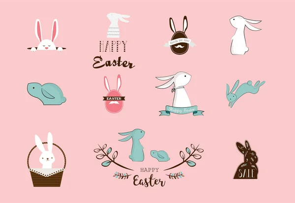 Кролик, кролики, набор милых персонажей, на Пасху, детские и детские футболки и открытки — стоковый вектор