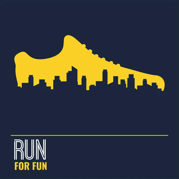 Векторний плакат біг, спортивне взуття та міський контур — стоковий вектор