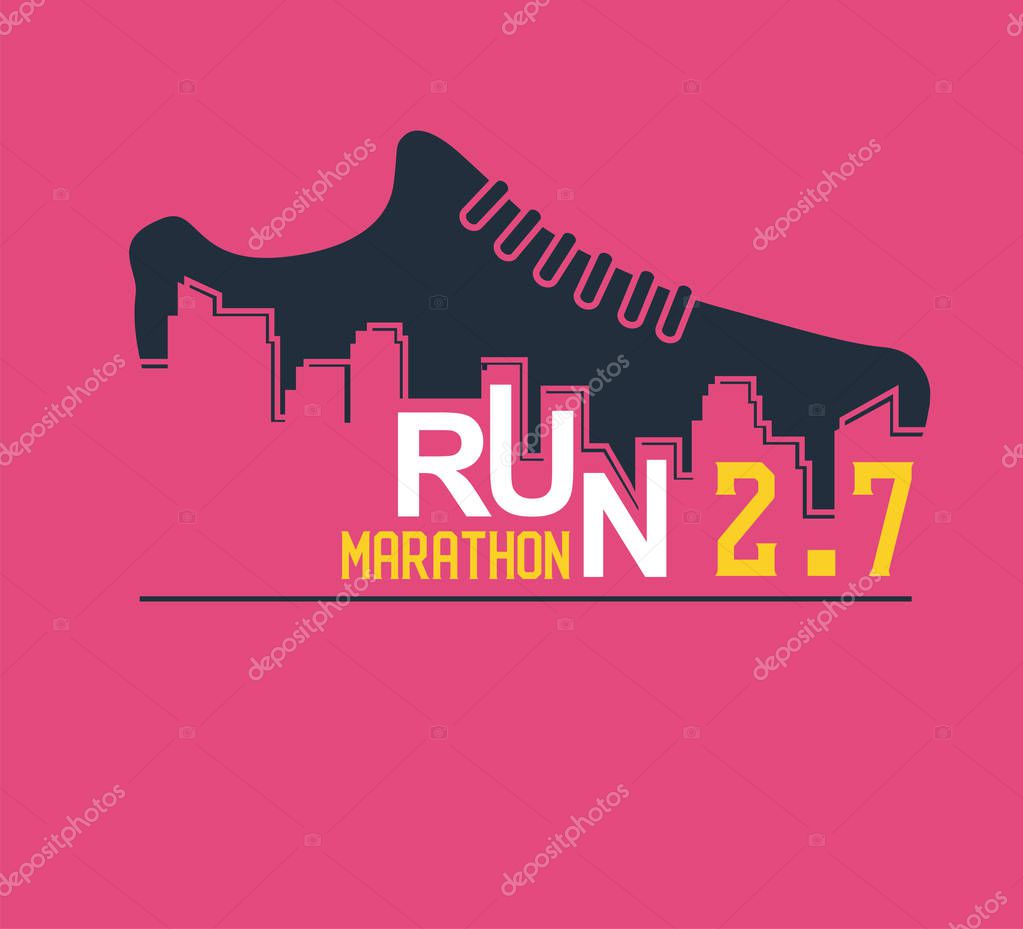 Vector poster - running, sport shoe and the city outline. vector illustration