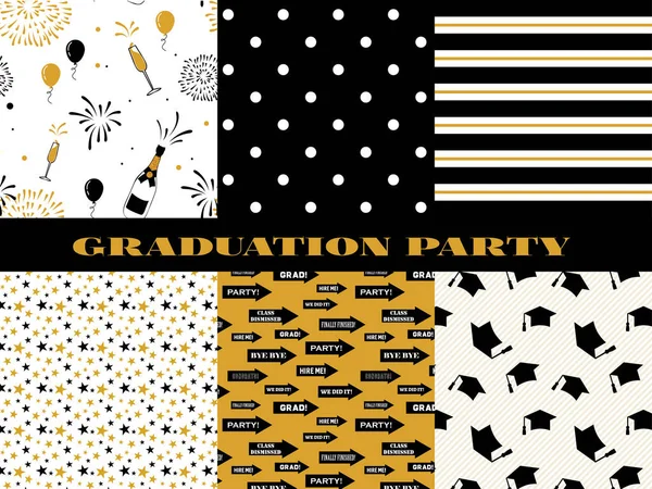 Graduation pattern collection. Black and golden vector background for graduation party or ceremony invitation, greeting card or web page and poster design. Vector flat. — Stock Vector