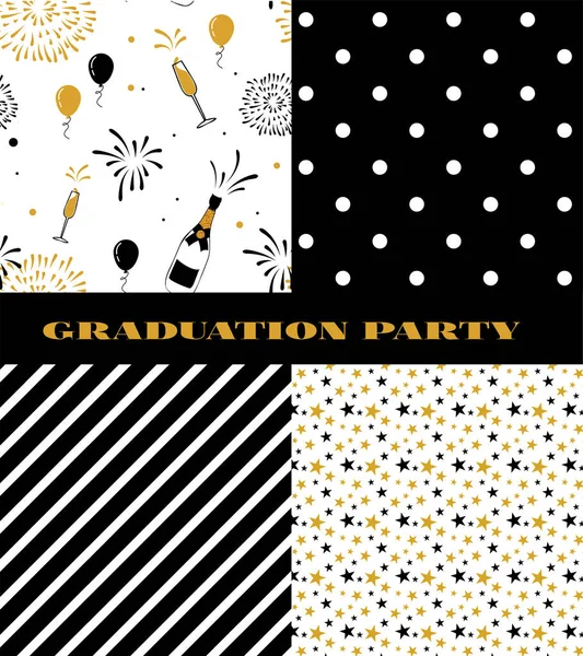 Coleção de padrões de graduação. Fundo vetorial preto e dourado para festa de formatura ou convite de cerimônia, cartão de saudação ou página da web e design de cartaz. Vector plano . —  Vetores de Stock