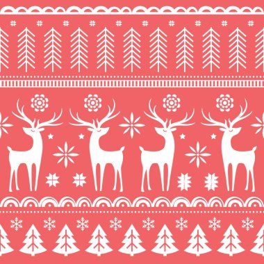 Geyik ve kar tanesiyle kusursuz bir desen. Noel ya da yeni yıl tasarımı için kışın arka plan. Vektör çizimi. İskandinav deseni