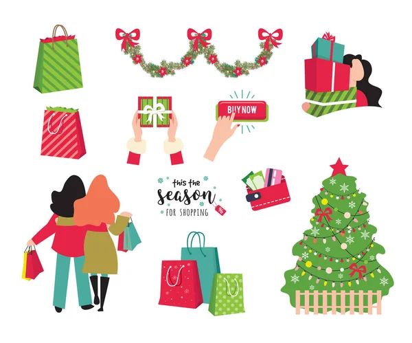 Zakupy zestaw na Boże Narodzenie zakupy sezon i czarny piątek. Zestaw zimowy na Boże Narodzenie lub Nowy Rok wzorów. — Wektor stockowy