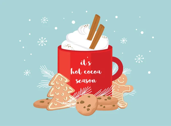 Christmas greeting card, winter invitation with red cup of hot drink. Cocoa or coffee decorated with cinnamone sticks, gingerbread cookie and fir tree branches. illustration background — Stock Vector