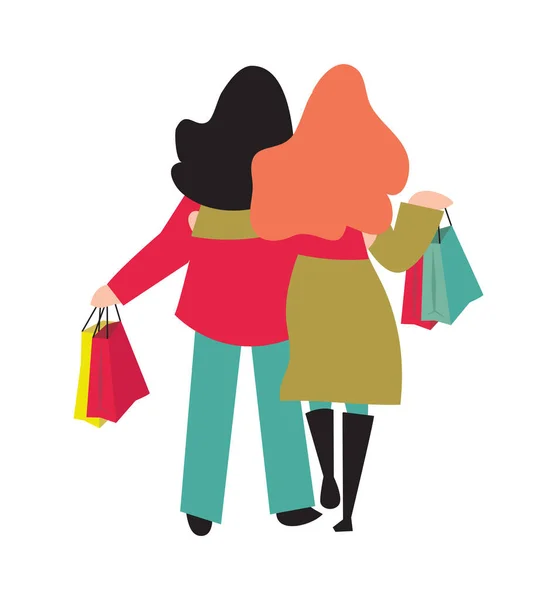 Achteraanzicht illustratie van vrouwelijke shoppers uitvoering shopping tassen — Stockvector