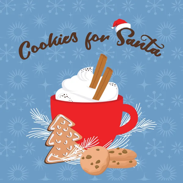 Kartka świąteczna, zimowe zaproszenie z czerwoną filiżanką gorącego napoju. Kakao lub kawa ozdobiona paluszkami cynamonowymi, piernikowym ciastkiem i gałązkami jodły. ilustracja tło — Wektor stockowy