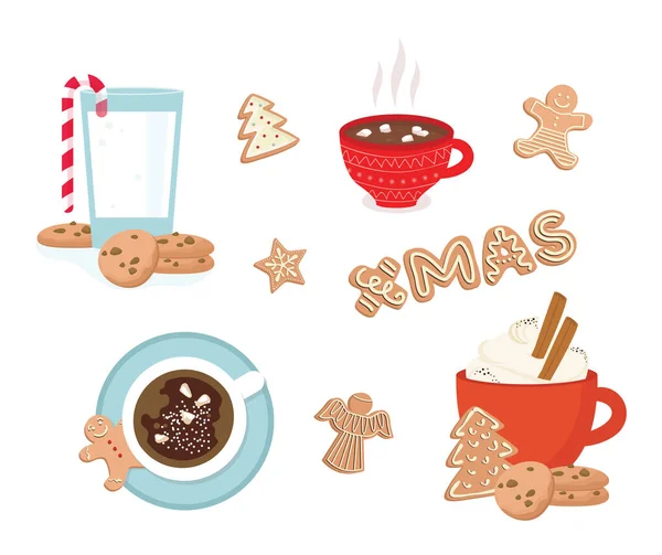 Set of winter drinks, phrases and gingerbread cookies. Winter set for Christmas or New Year designs. — Stock Vector