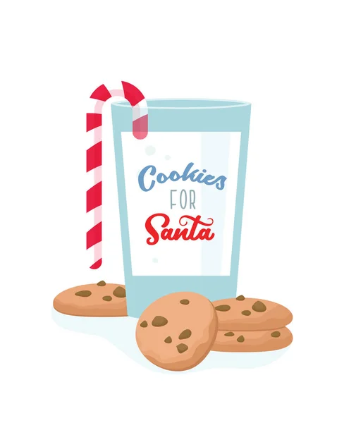 Biscoitos de chocolate para Papai Noel e copo de leite. Cartão de Natal ou convite. Ilustração de inverno — Vetor de Stock