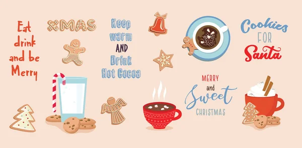 Set of winter drinks, phrases and gingerbread cookies. Winter set for Christmas or New Year designs. — Stock Vector