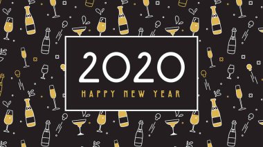 Yeni yıl 2020 afişi. Şampanya, bardak ve çıkarılmış mantarlı patern. Tatil tasarımları için siyah üzerine parlak altın nesneler.