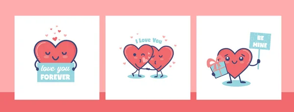 Valentines Day Vector Étiquette cadeau ou jeu de cartes avec des personnages de coeur mignons — Image vectorielle