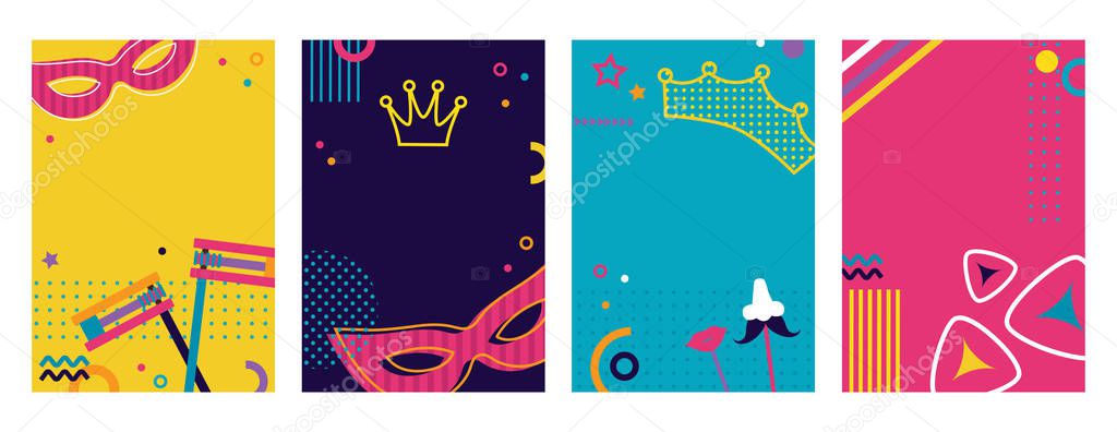 Greeting card background set for jewish holiday Purim. Happy Purim in Hebrew. Jewish Carnaval funfair card with mask on colorful modern geometric background in memphis 80s style. illustration