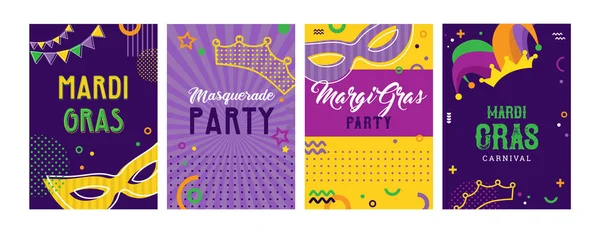 Mardi Gras parti gratulationskort set eller inbjudningar. Karneval bakgrund för traditionell semester eller festival med masker och traditionella föremål — Stock vektor