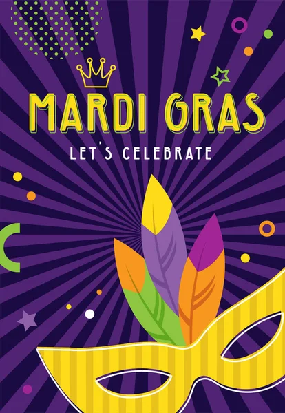 Mardi Gras kartu ucapan pesta atau undangan. Latar belakang karnaval untuk liburan tradisional atau festival dengan topeng tradisional pada latar belakang abstrak - Stok Vektor