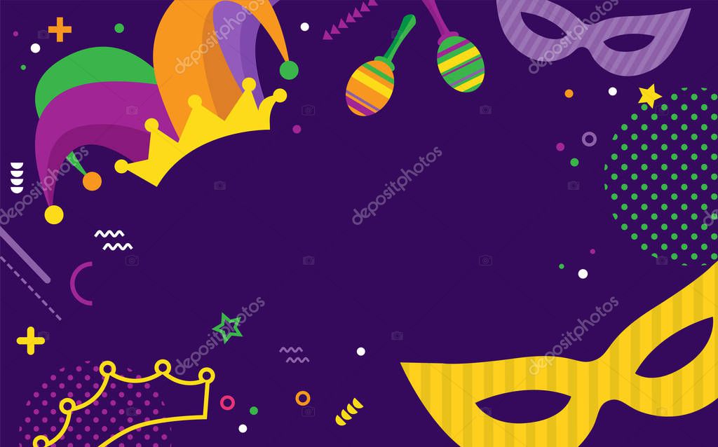 Mardi Gras party greeting card or invitations. Carnival background for traditional holiday or festival with traditional masks on abstract background